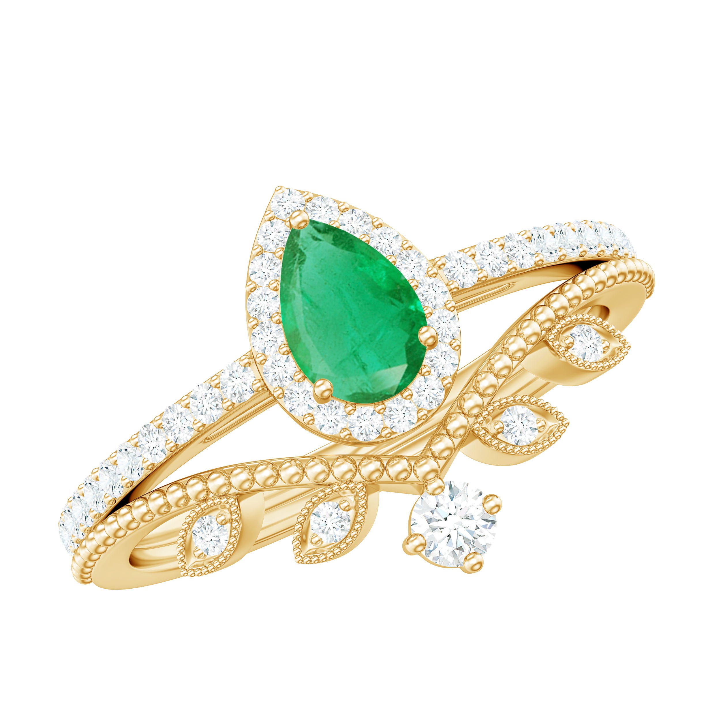 Emerald Vintage Teardrop Wedding Ring Set with Diamond Emerald - ( AAA ) - Quality - Rosec Jewels
