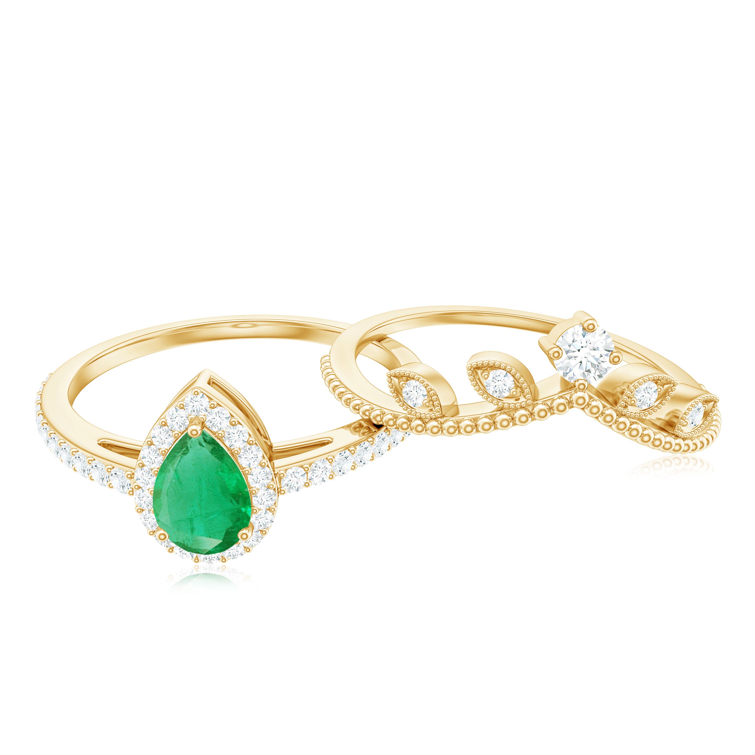 Emerald Vintage Teardrop Wedding Ring Set with Diamond Emerald - ( AAA ) - Quality - Rosec Jewels