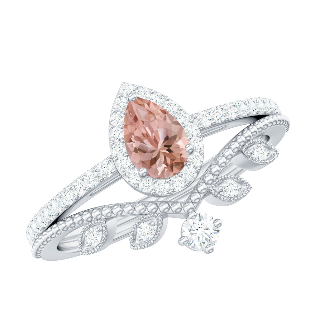 Vintage Inspired Morganite Teardrop Wedding Ring Set with Diamond Morganite - ( AAA ) - Quality - Rosec Jewels