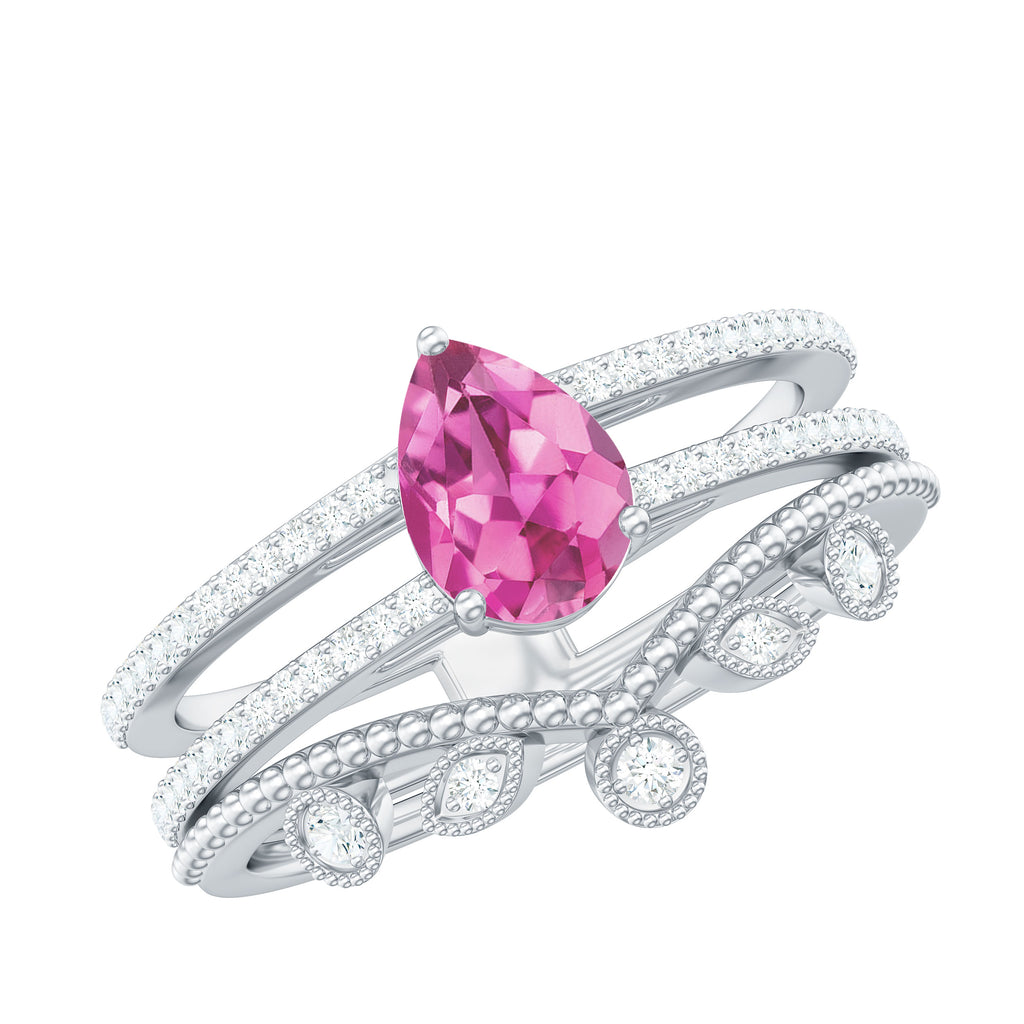 Pear Cut Real Pink tourmaline and Moissanite Wedding Ring Set Pink Tourmaline - ( AAA ) - Quality - Rosec Jewels
