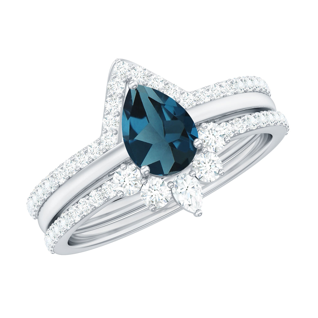 Pear Cut London Blue Topaz Trio Wedding Ring Set with Diamond London Blue Topaz - ( AAA ) - Quality - Rosec Jewels