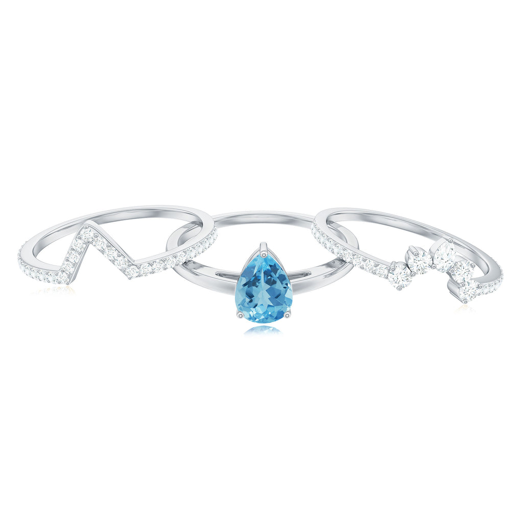 Pear Cut Swiss Blue Topaz Trio Wedding Ring Set with Moissanite Swiss Blue Topaz - ( AAA ) - Quality - Rosec Jewels
