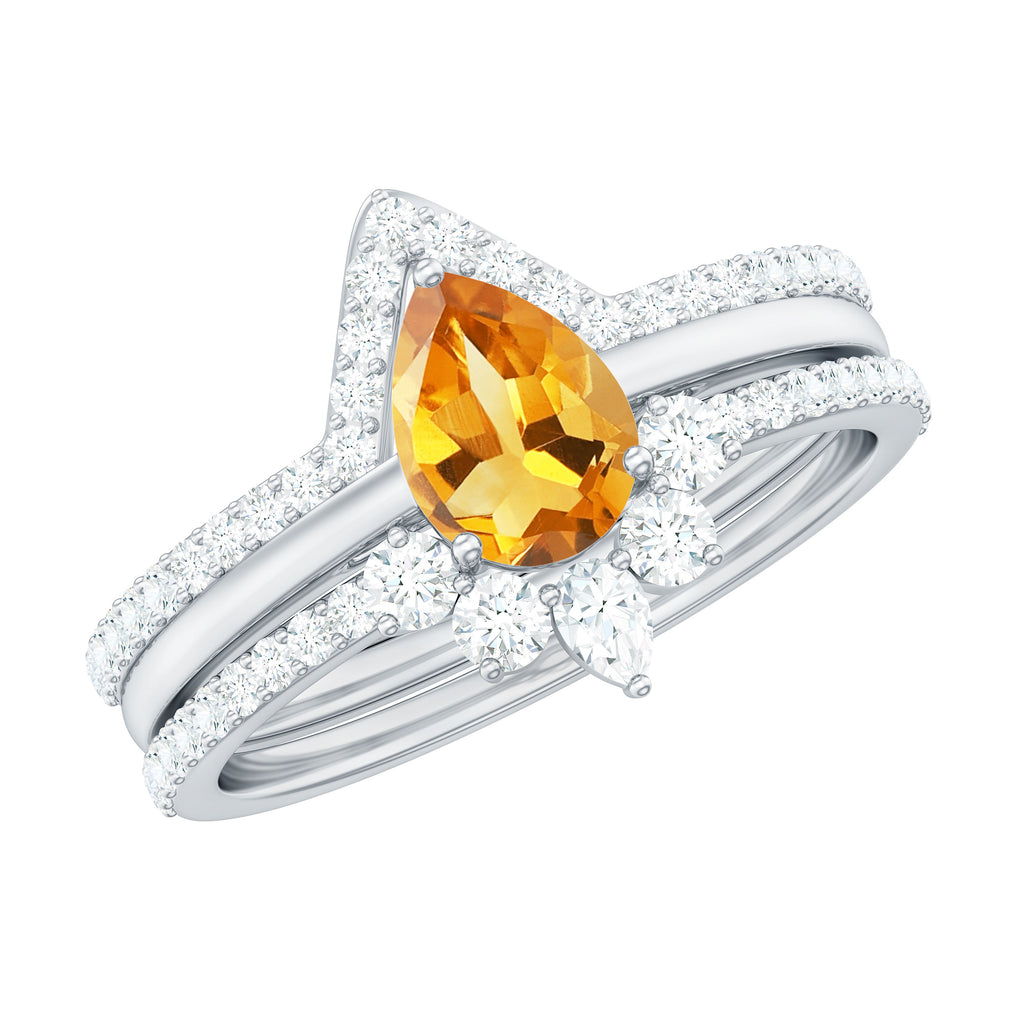 Pear Cut Citrine Trio Wedding Ring Set with Moissanite Citrine - ( AAA ) - Quality - Rosec Jewels