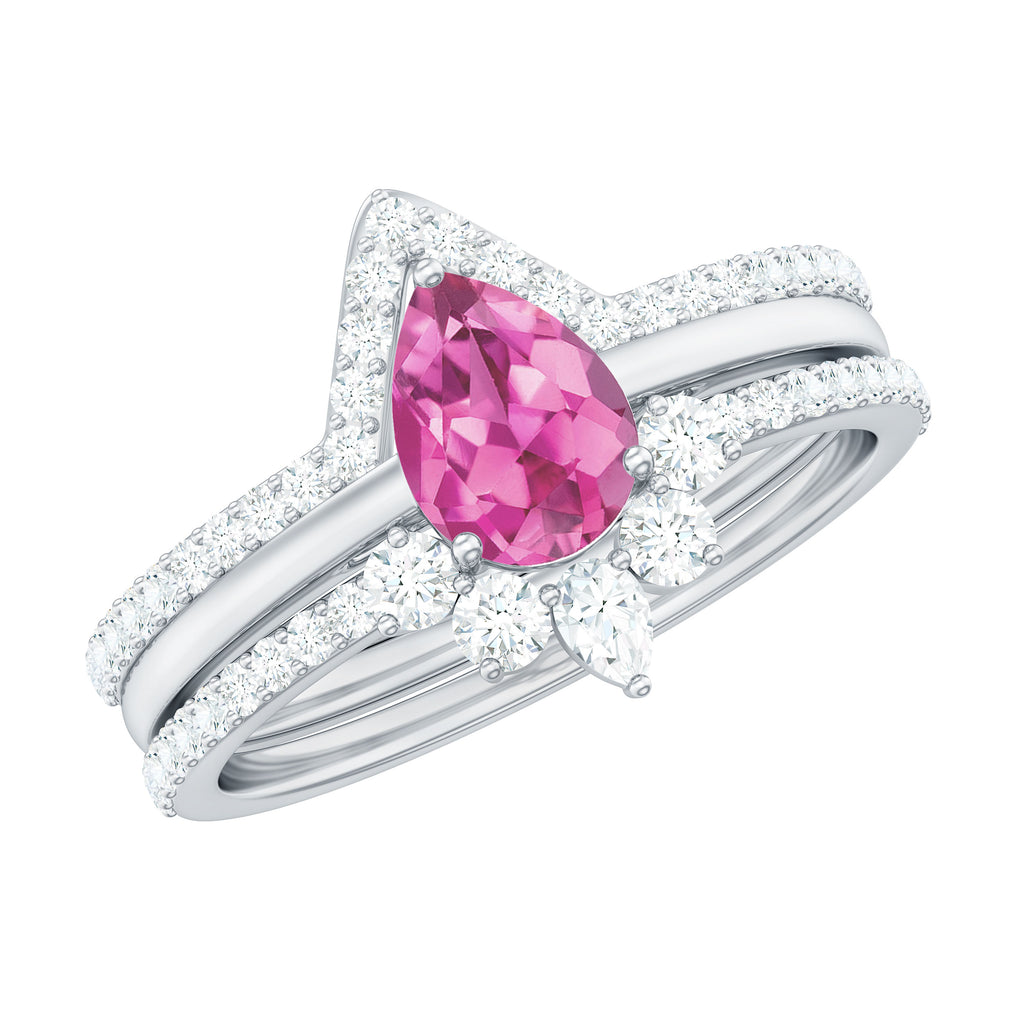 Pear Cut Pink Tourmaline Trio Wedding Ring Set with Moissanite Pink Tourmaline - ( AAA ) - Quality - Rosec Jewels