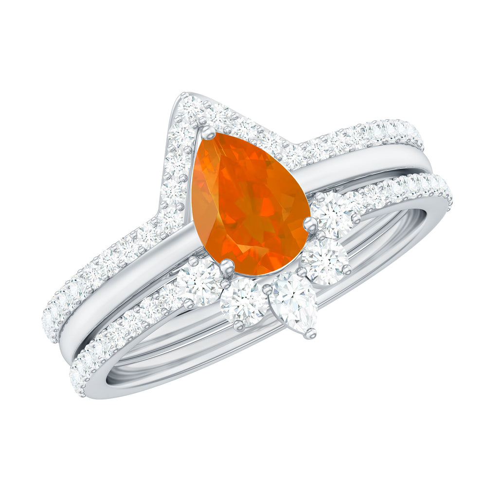 Pear Cut Fire Opal Trio Wedding Ring Set with Moissanite Fire Opal - ( AAA ) - Quality - Rosec Jewels