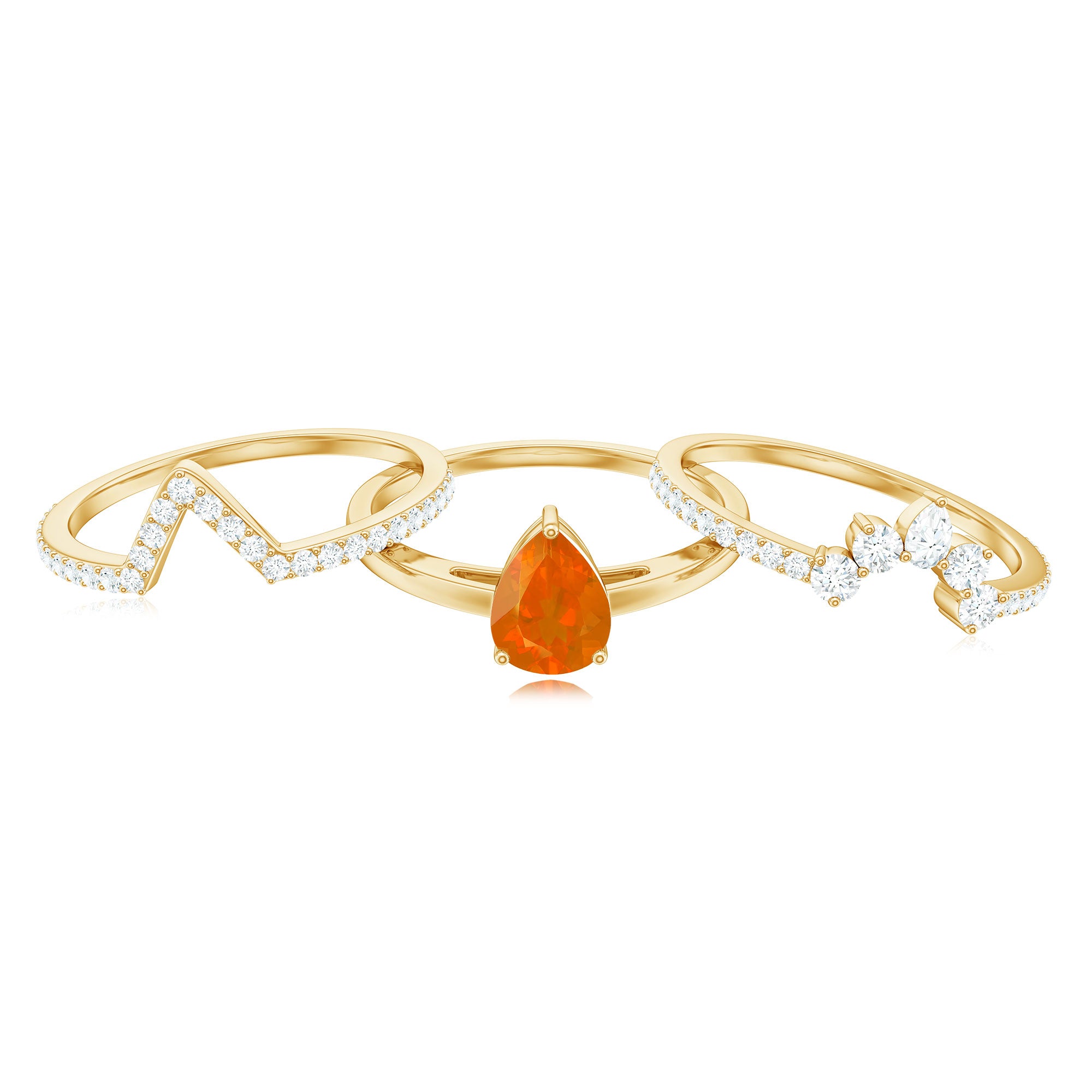 Pear Cut Fire Opal Trio Wedding Ring Set with Moissanite Fire Opal - ( AAA ) - Quality - Rosec Jewels