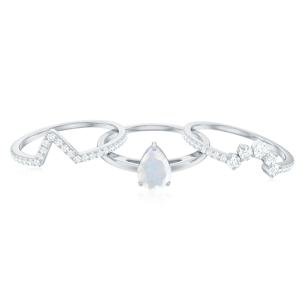Pear Cut Moonstone Trio Wedding Ring Set with Moissanite Moonstone - ( AAA ) - Quality - Rosec Jewels