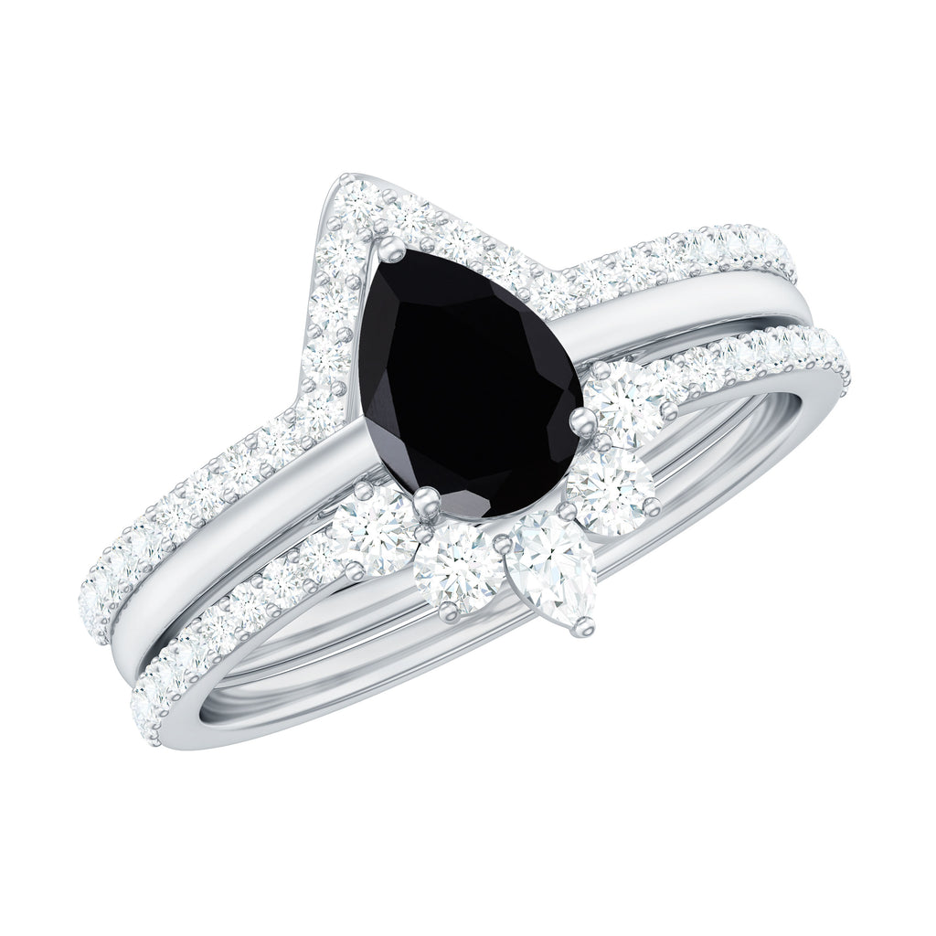Pear Cut Black Spinel Trio Wedding Ring Set with Moissanite Black Spinel - ( AAA ) - Quality - Rosec Jewels