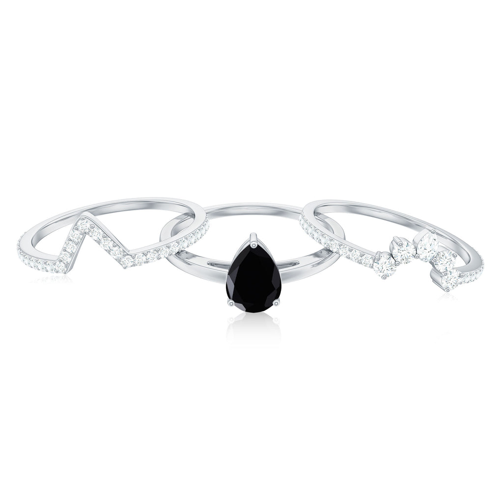 Pear Cut Black Spinel Trio Wedding Ring Set with Moissanite Black Spinel - ( AAA ) - Quality - Rosec Jewels