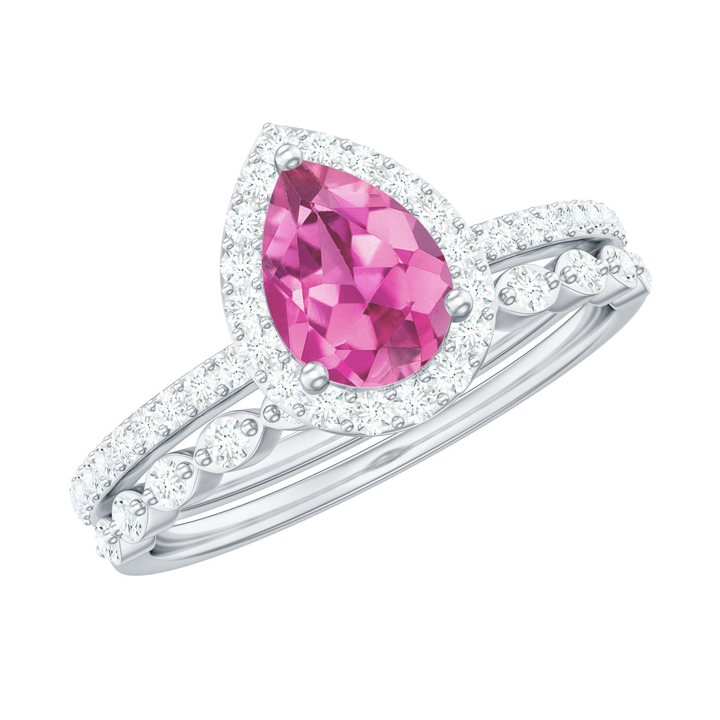 Teardrop Pink tourmaline Bridal Ring Set with Diamond Pink Tourmaline - ( AAA ) - Quality - Rosec Jewels