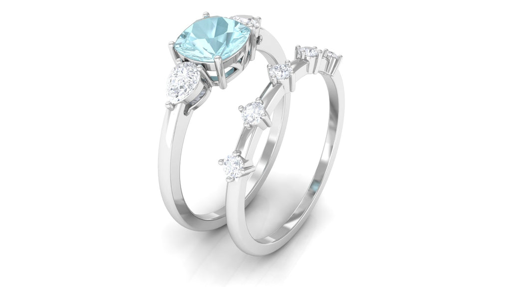 1.50 CT Cushion Cut Real Sky Blue Topaz Ring Set with Moissanite Sky Blue Topaz - ( AAA ) - Quality - Rosec Jewels