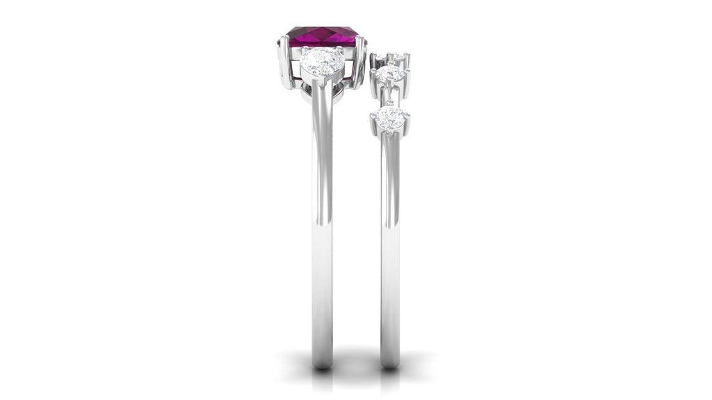 2 CT Cushion Cut Real Rhodolite Ring Set with Moissanite Rhodolite - ( AAA ) - Quality - Rosec Jewels