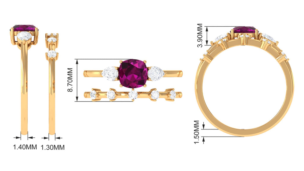 2 CT Cushion Cut Real Rhodolite Ring Set with Moissanite Rhodolite - ( AAA ) - Quality - Rosec Jewels