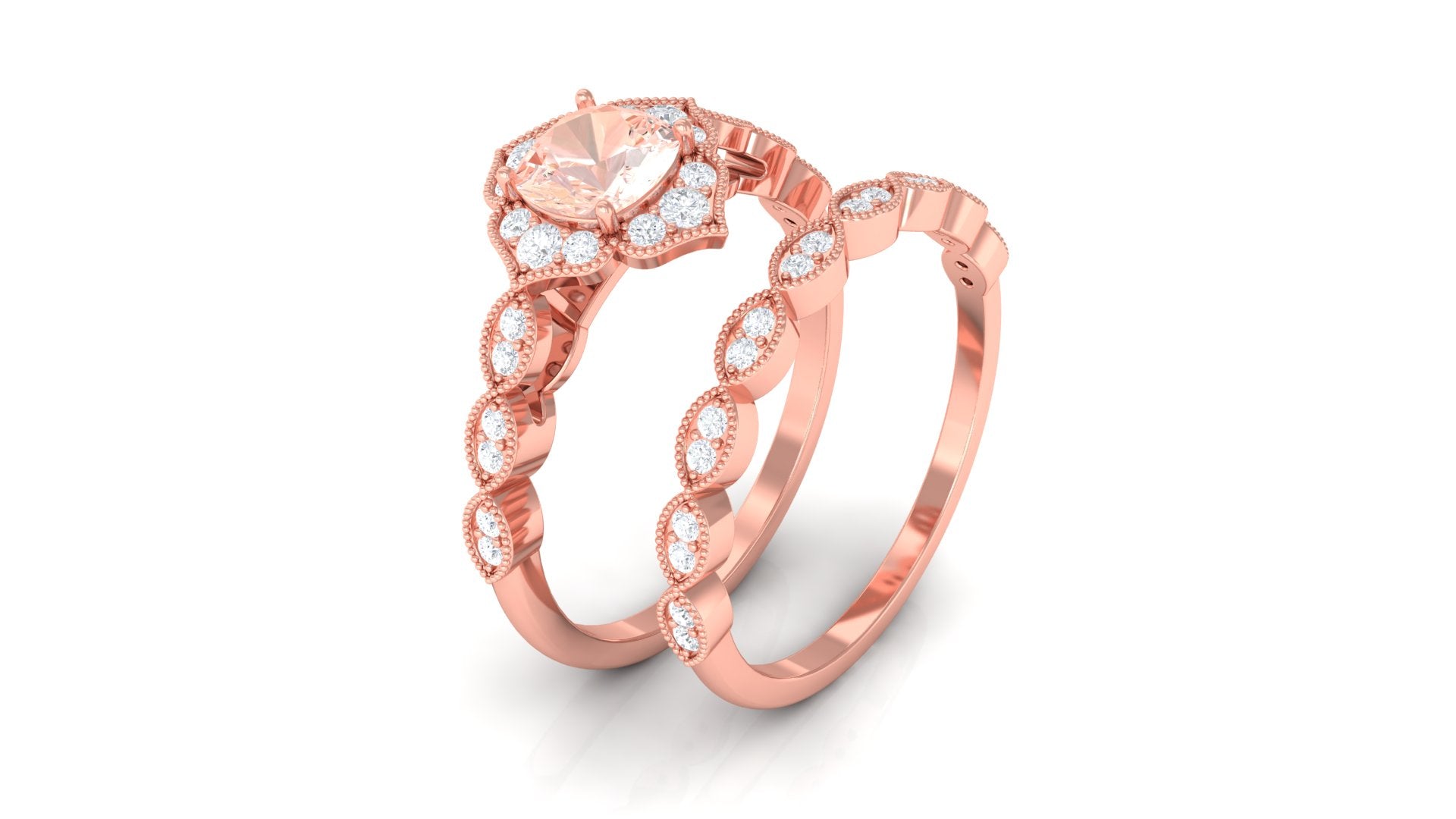 Real Morganite Flower Ring Set with Diamond Morganite - ( AAA ) - Quality - Rosec Jewels