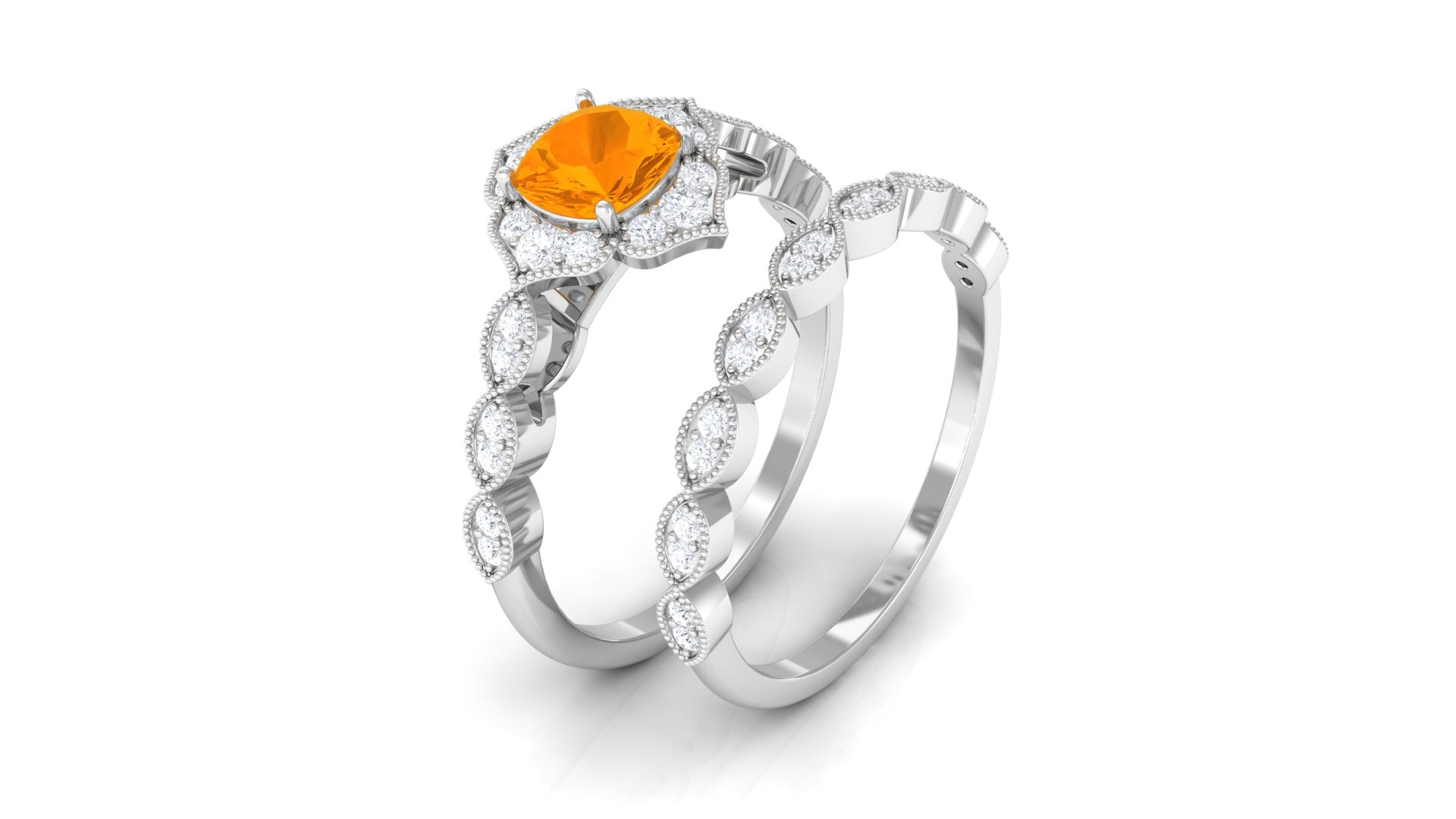 Fire Opal Flower Ring Set with Diamond and Beaded Fire Opal - ( AAA ) - Quality - Rosec Jewels