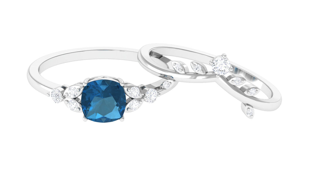 London Blue Topaz and Diamond Ring Set with Leaf Motif London Blue Topaz - ( AAA ) - Quality - Rosec Jewels