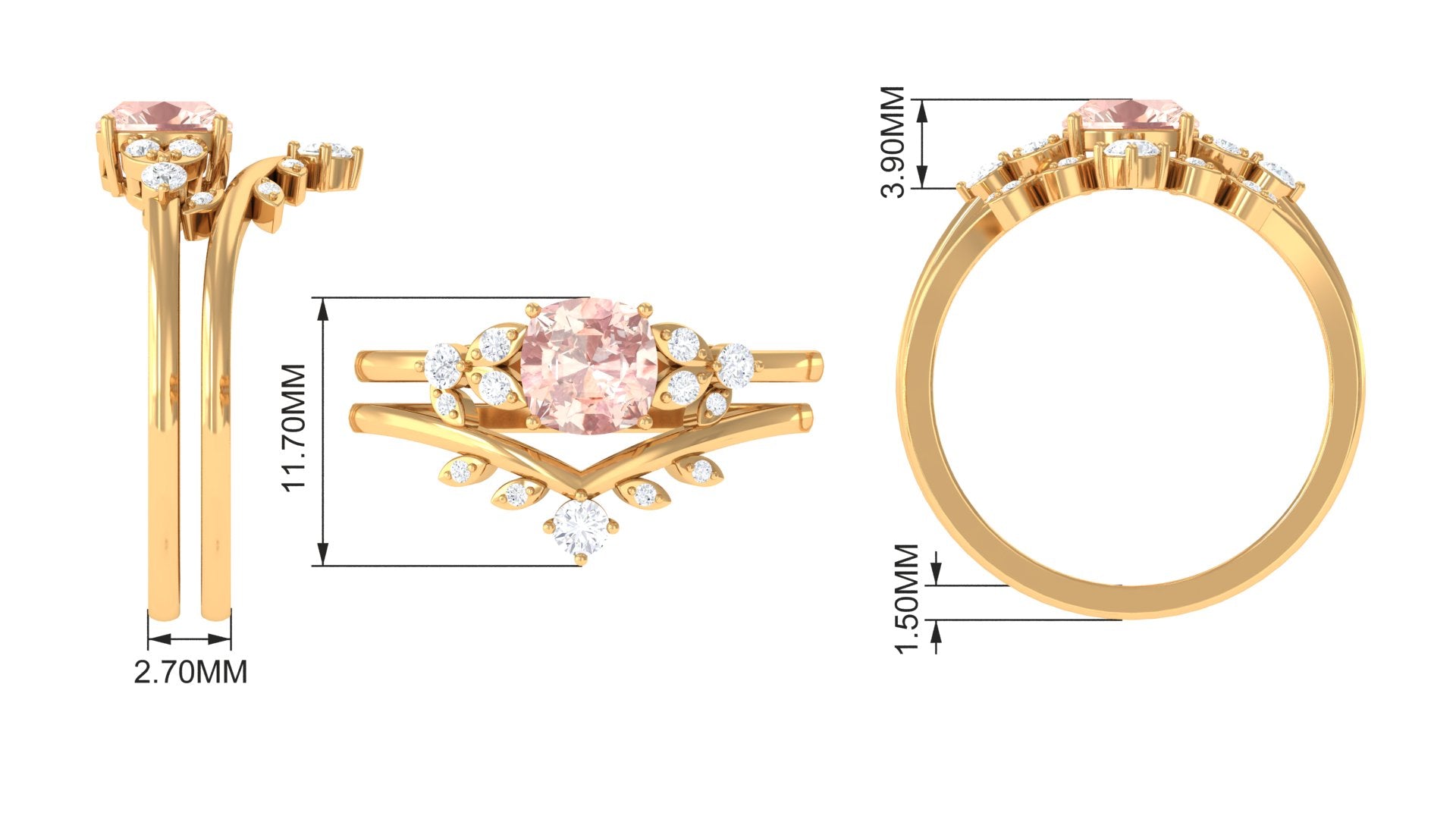 Morganite and Diamond Ring Set with Leaf Motif Morganite - ( AAA ) - Quality - Rosec Jewels