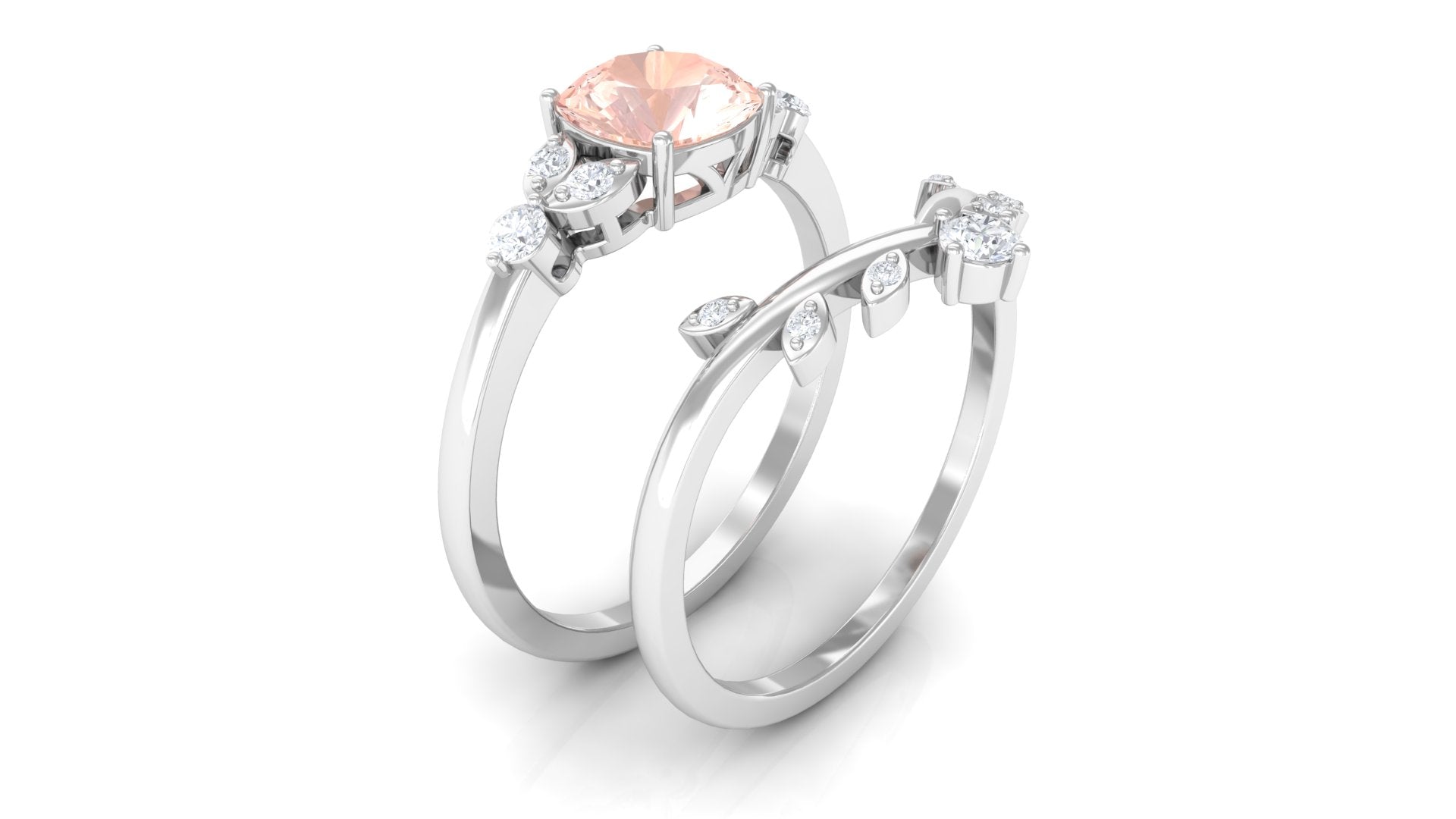 Morganite and Diamond Ring Set with Leaf Motif Morganite - ( AAA ) - Quality - Rosec Jewels