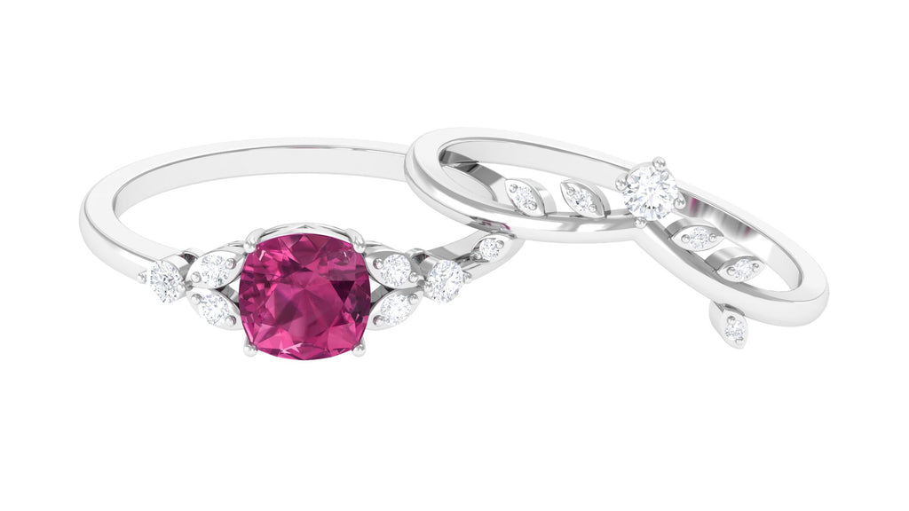Pink Tourmaline and Diamond Ring Set with Leaf Motif Pink Tourmaline - ( AAA ) - Quality - Rosec Jewels