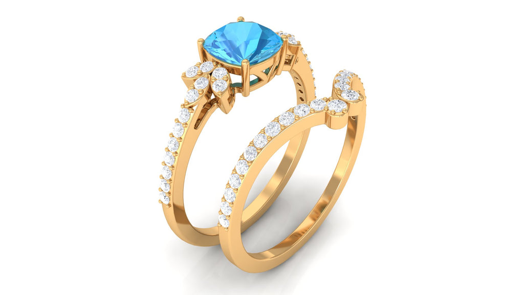 Cushion Cut Swiss Blue Topaz Ring Set with Diamond Swiss Blue Topaz - ( AAA ) - Quality - Rosec Jewels