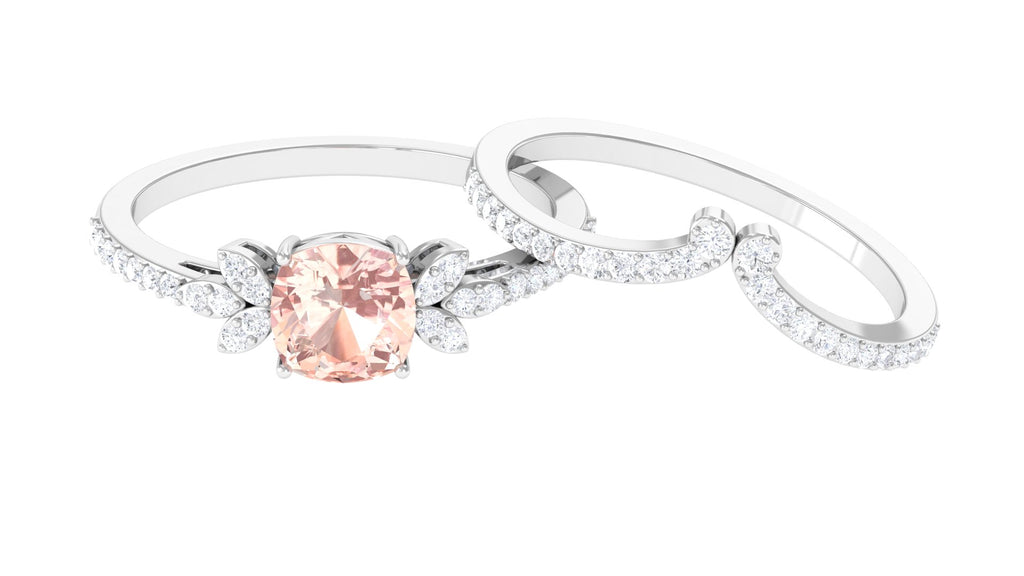 Cushion Cut Morganite and Diamond Bridal Ring Set Morganite - ( AAA ) - Quality - Rosec Jewels