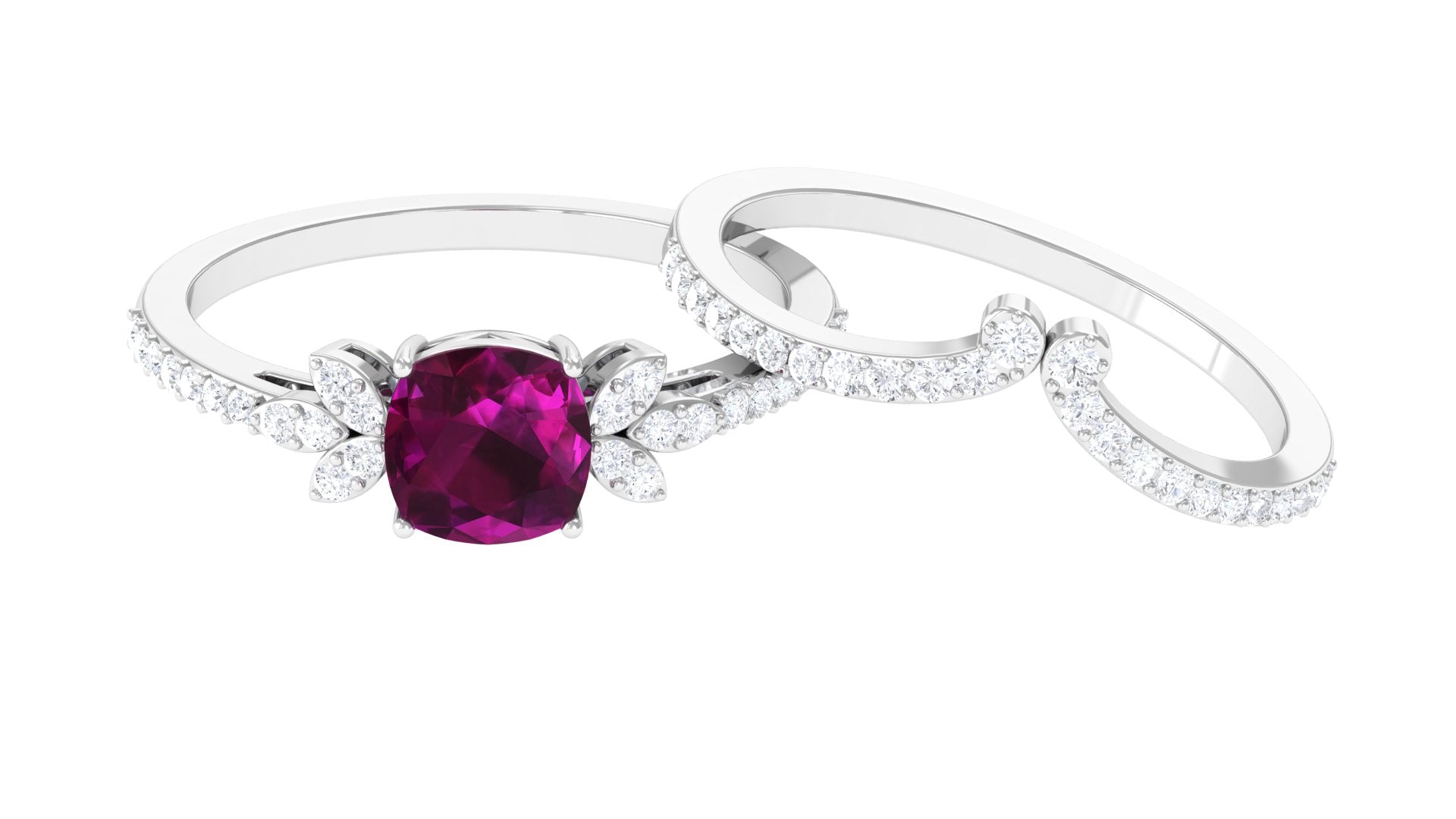 2.50 CT Cushion Cut Rhodolite and Diamond Bridal Ring Set Rhodolite - ( AAA ) - Quality - Rosec Jewels