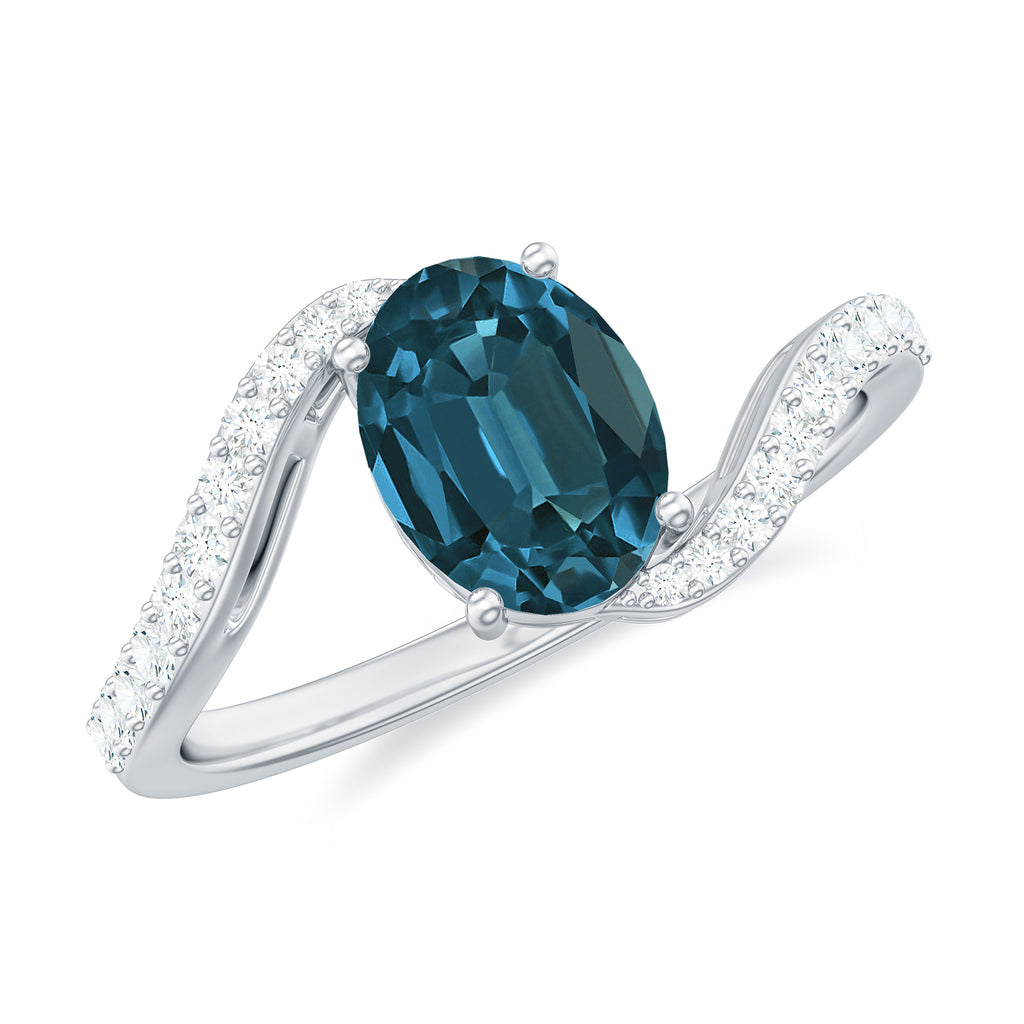 Oval Cut London Blue Topaz Solitaire Bypass Ring with Diamond London Blue Topaz - ( AAA ) - Quality - Rosec Jewels