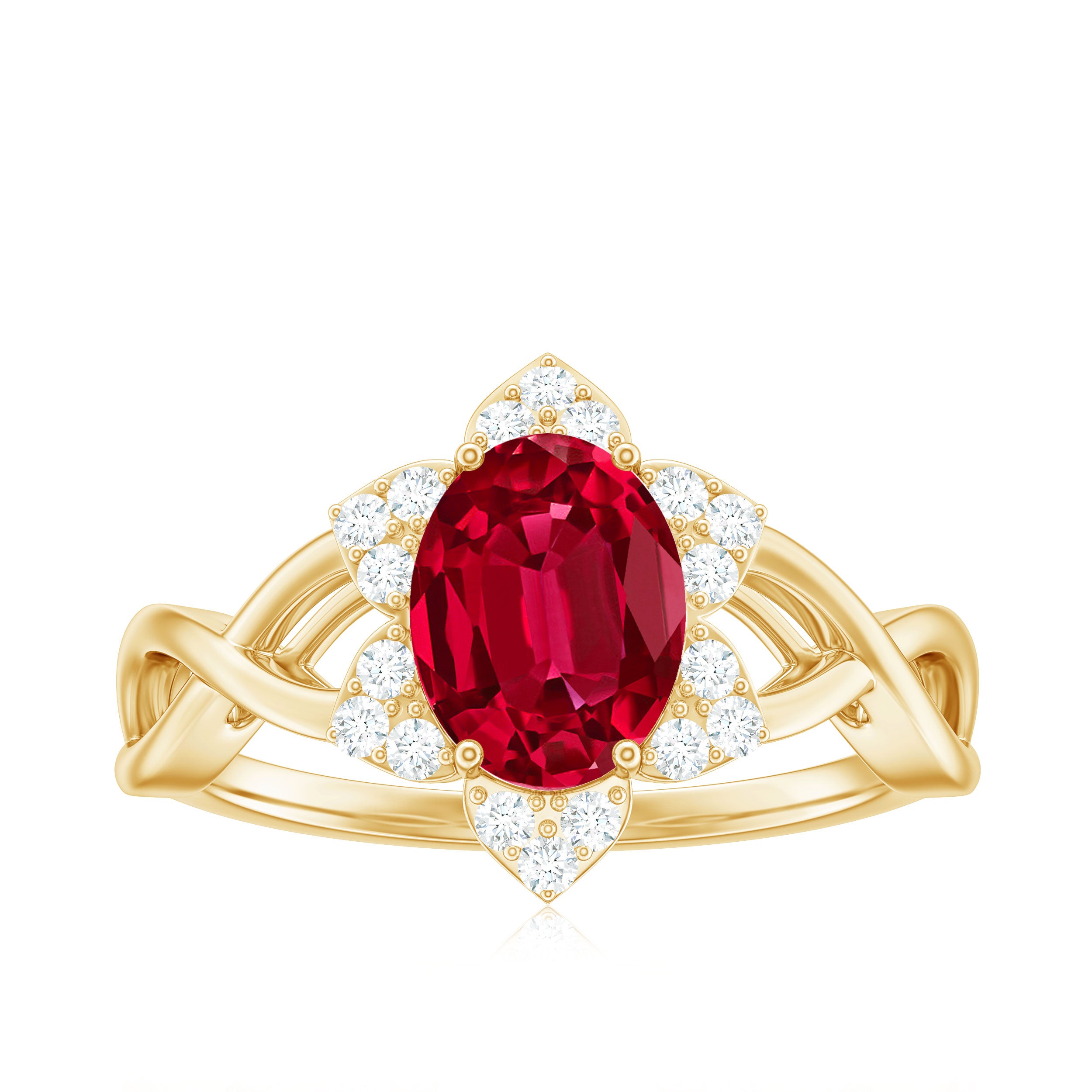 Oval Lab Grown Ruby Floral Ring with Diamond Halo Lab Created Ruby - ( AAAA ) - Quality - Rosec Jewels