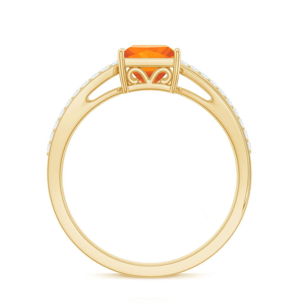 Princess Cut Fire Opal Solitaire Engagement Ring with Diamond Fire Opal - ( AAA ) - Quality - Rosec Jewels
