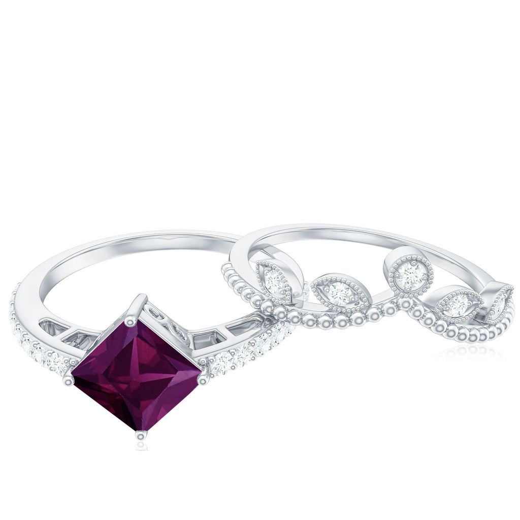 1.25 CT Princess Cut Rhodolite Vintage Solitaire Ring Set with Diamond Rhodolite - ( AAA ) - Quality - Rosec Jewels