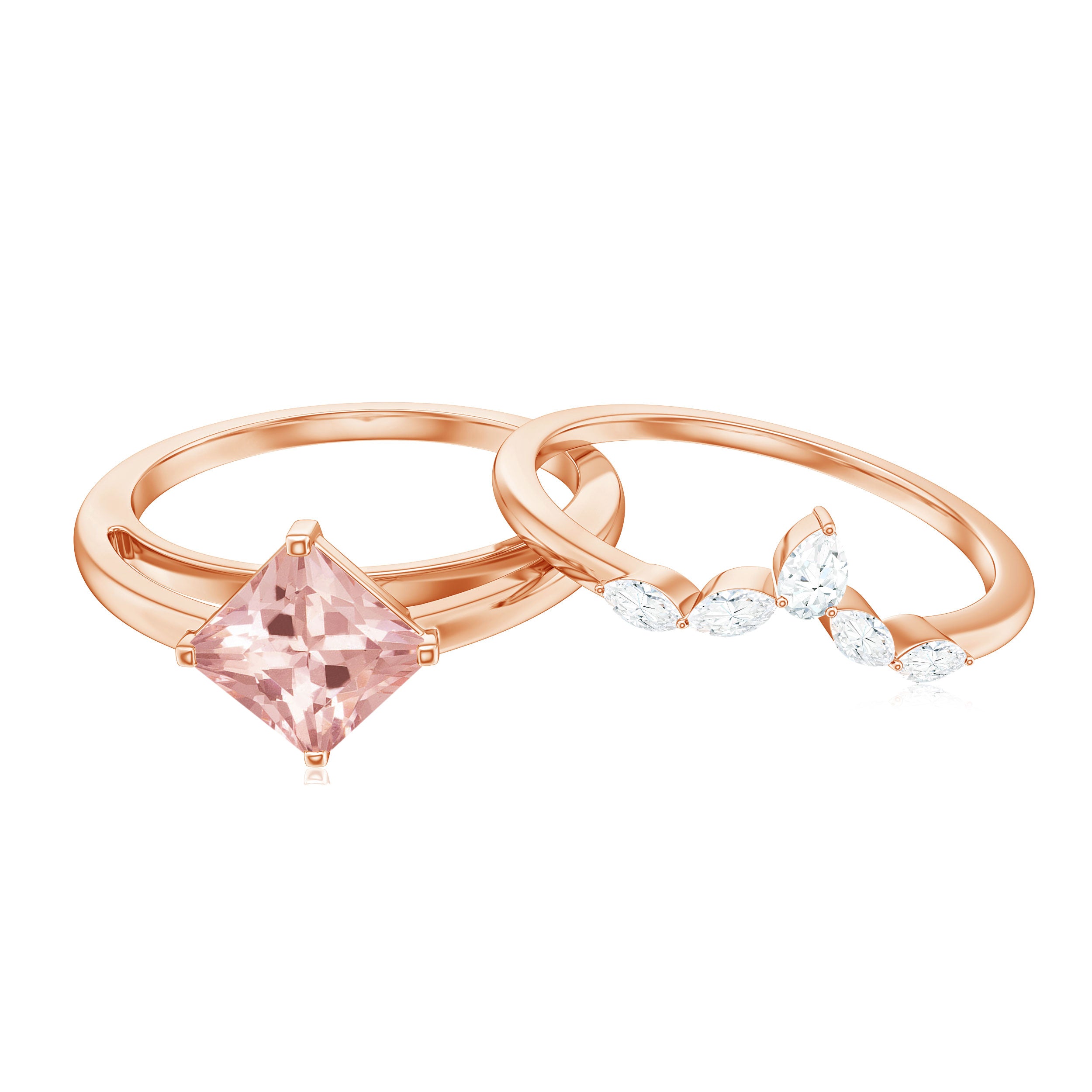1 CT Princess Cut Morganite and Diamond Solitaire Ring Set Morganite - ( AAA ) - Quality - Rosec Jewels