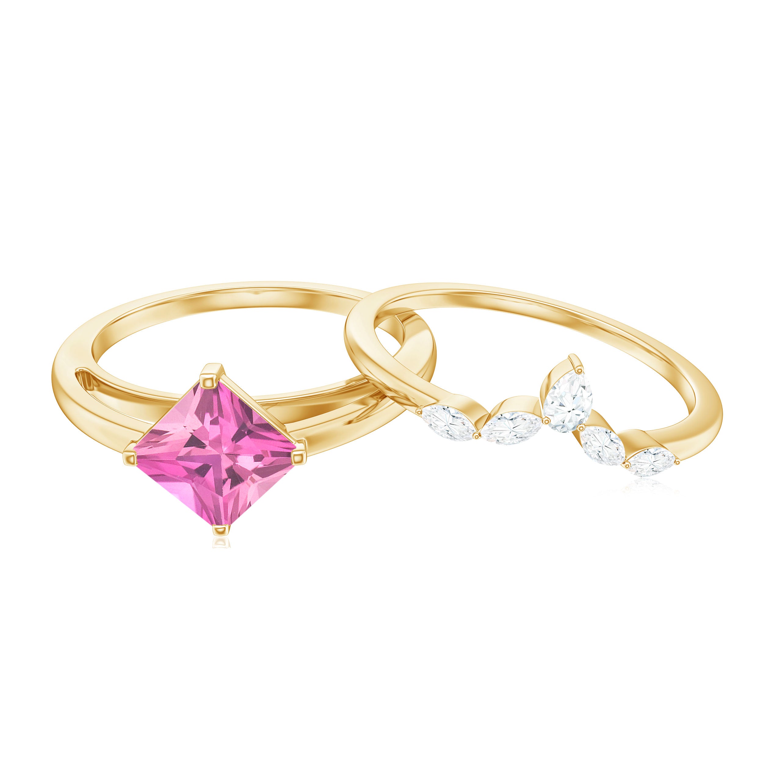 Princess Cut Pink Tourmaline Solitaire Ring Set with Diamond Pink Tourmaline - ( AAA ) - Quality - Rosec Jewels