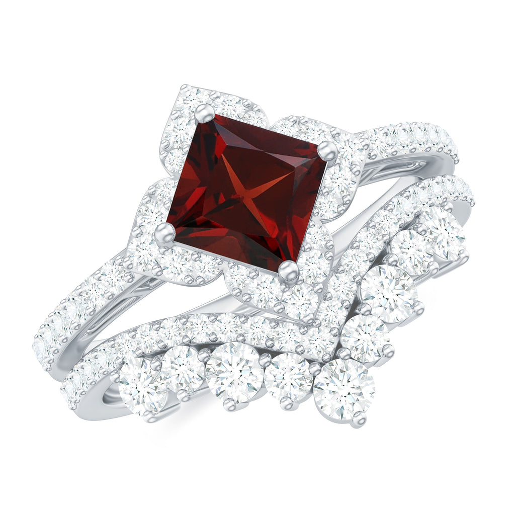 Real Garnet and Moissanite Statement Wedding Ring Set Garnet - ( AAA ) - Quality - Rosec Jewels