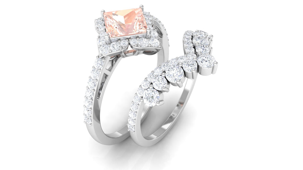 2.5 CT Morganite and Moissanite Statement Wedding Ring Set Morganite - ( AAA ) - Quality - Rosec Jewels