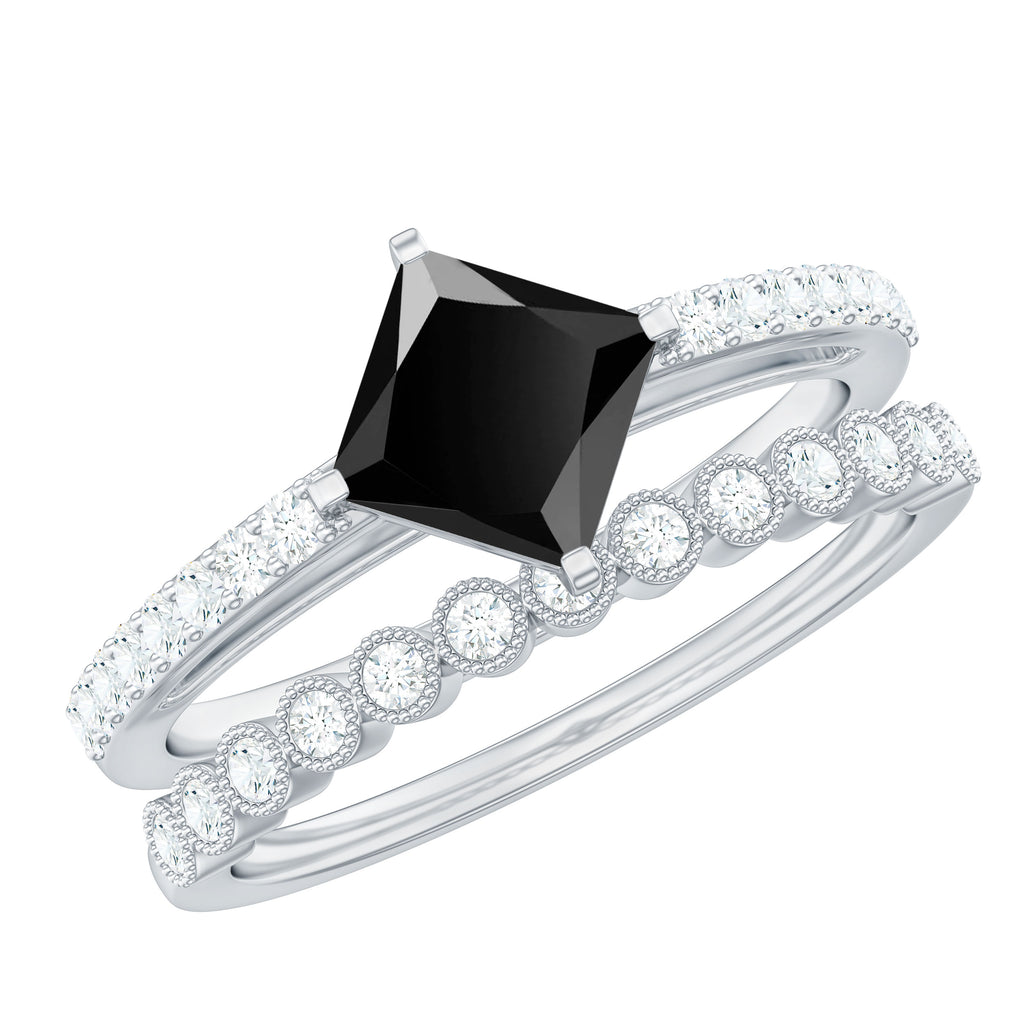 Solitaire Black Diamond and Moissanite Ring Set with Beaded Black Diamond - ( AAA ) - Quality - Rosec Jewels