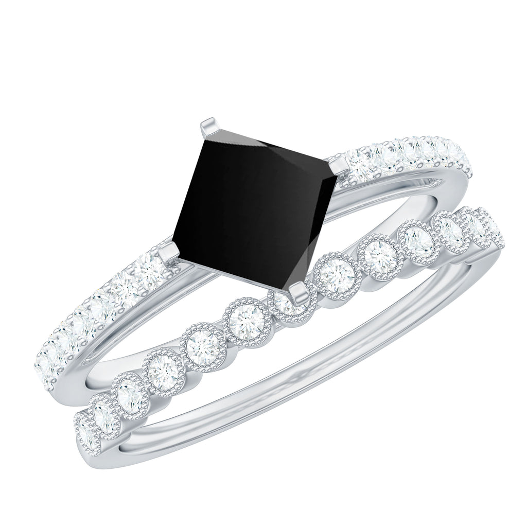 Solitaire Black Onyx and Diamond Ring Set Black Onyx - ( AAA ) - Quality - Rosec Jewels
