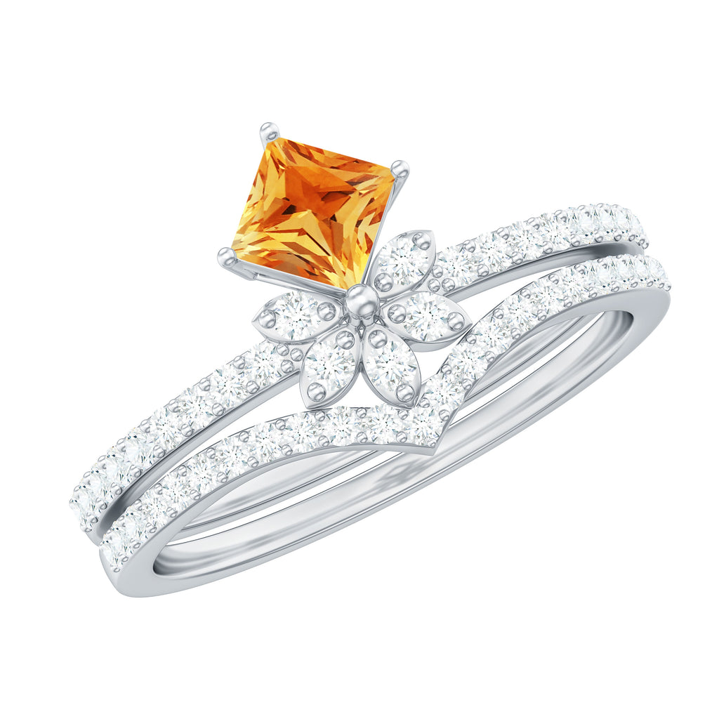 Princess Cut Citrine and Moissanite Flower Ring Set Citrine - ( AAA ) - Quality - Rosec Jewels
