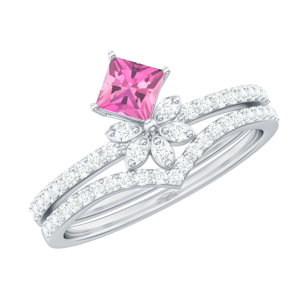Princess Cut Pink tourmaline and Diamond Flower Ring Set Pink Tourmaline - ( AAA ) - Quality - Rosec Jewels