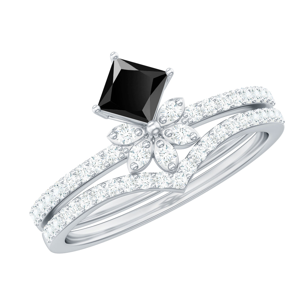 Princess Cut Black Spinel and Diamond Flower Ring Set Black Spinel - ( AAA ) - Quality - Rosec Jewels