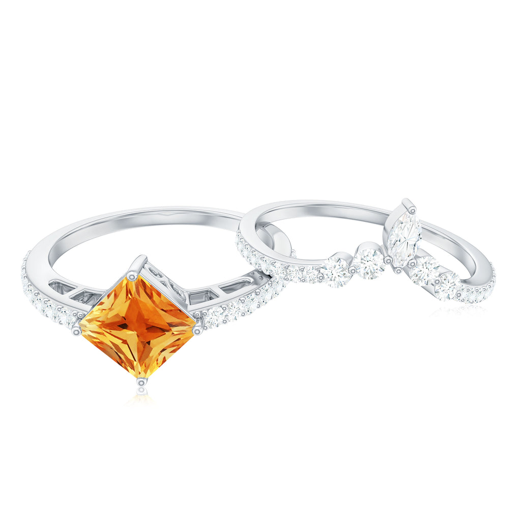 Princess Cut Solitaire Citrine Designer Ring Set with Moissanite Citrine - ( AAA ) - Quality - Rosec Jewels