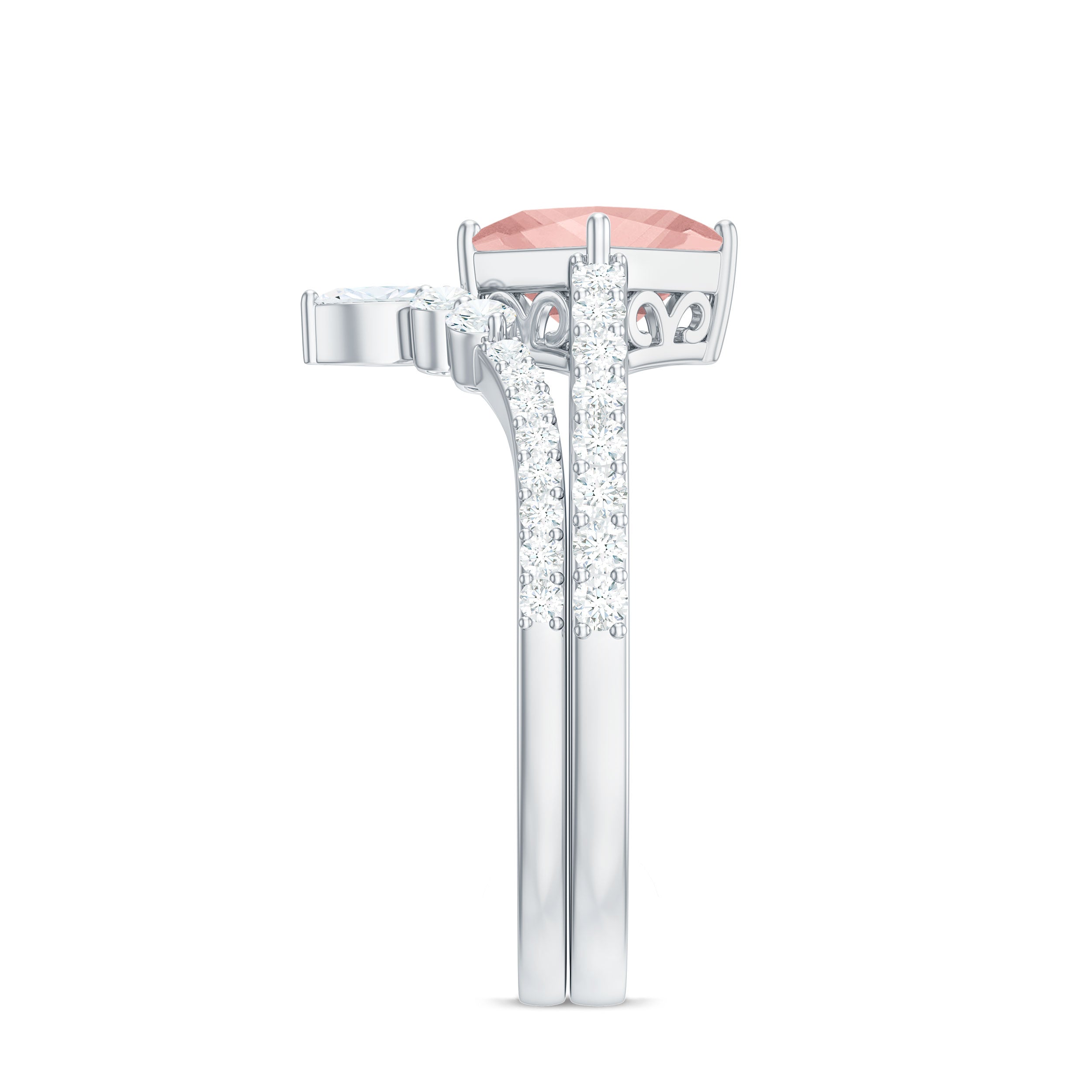 Princess Cut Solitaire Morganite Designer Ring Set with Diamond Morganite - ( AAA ) - Quality - Rosec Jewels