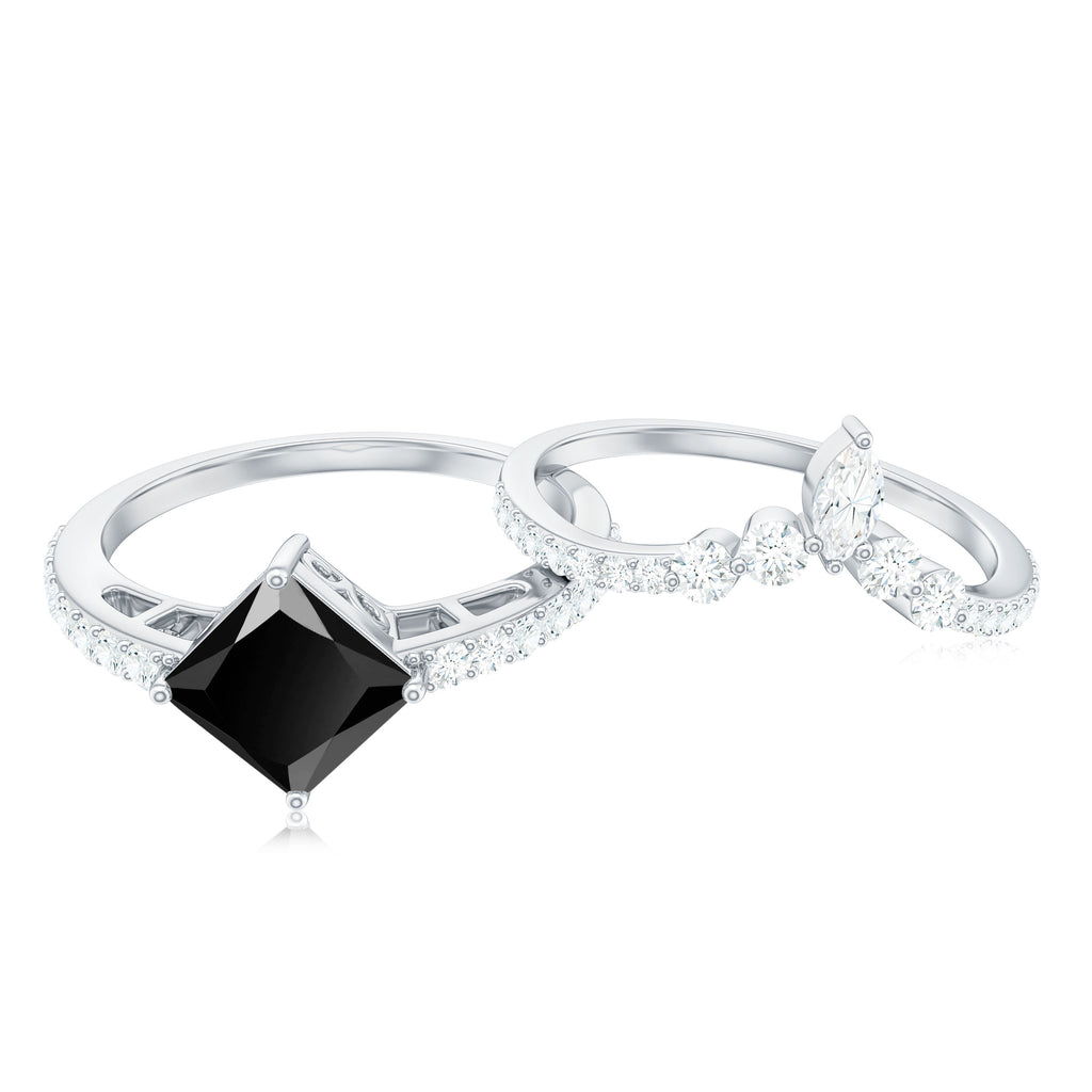 Princess Cut Solitaire Black Onyx Designer Ring Set with Moissanite Black Onyx - ( AAA ) - Quality - Rosec Jewels