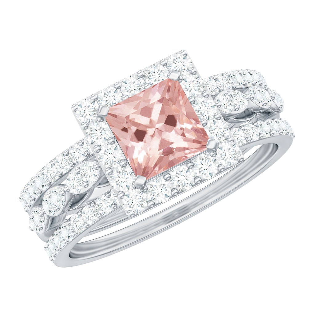 Princess Cut Morganite Bridal Ring Set with Moissanite Halo Morganite - ( AAA ) - Quality - Rosec Jewels