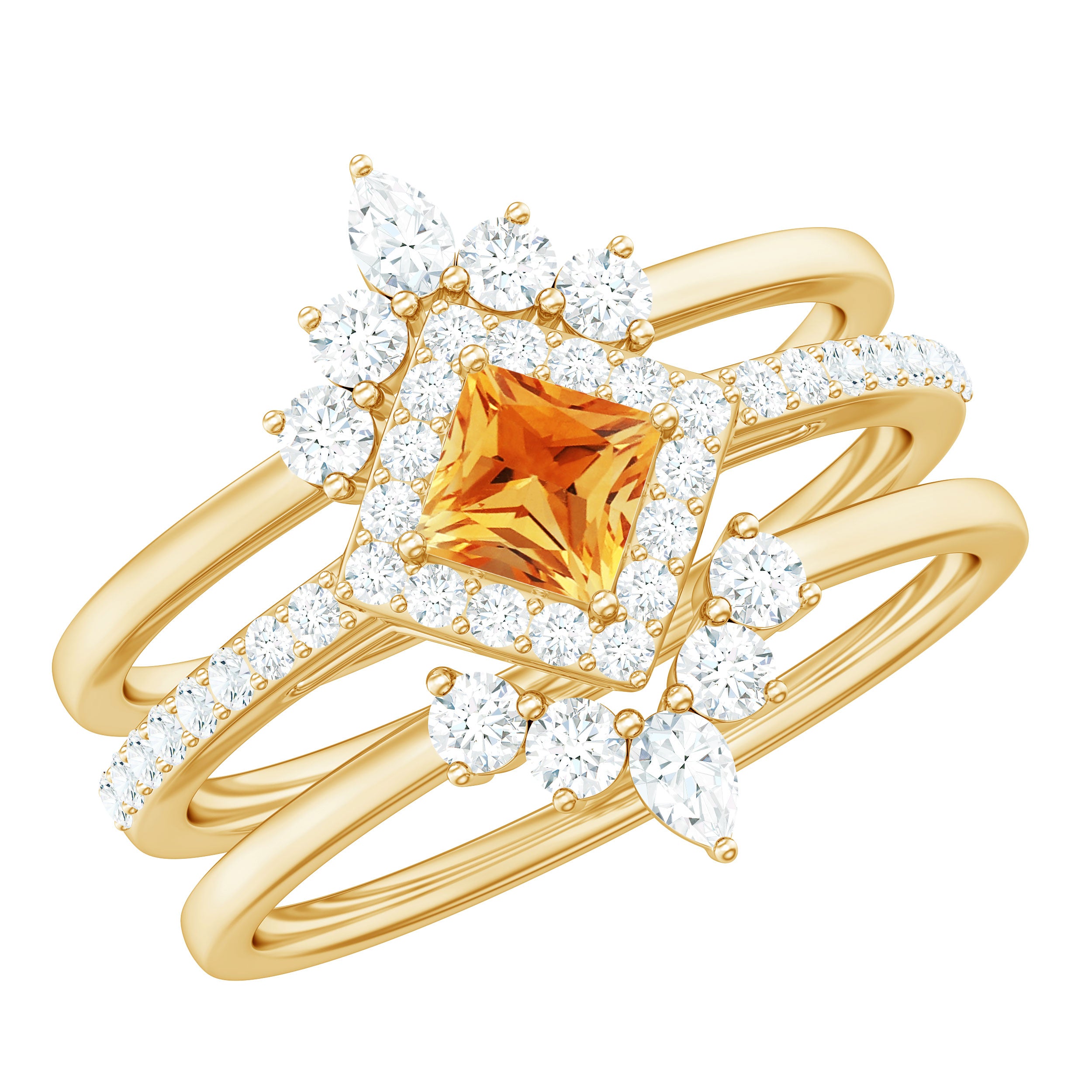 Real Citrine and Moissanite Trio Wedding Ring Set Citrine - ( AAA ) - Quality - Rosec Jewels