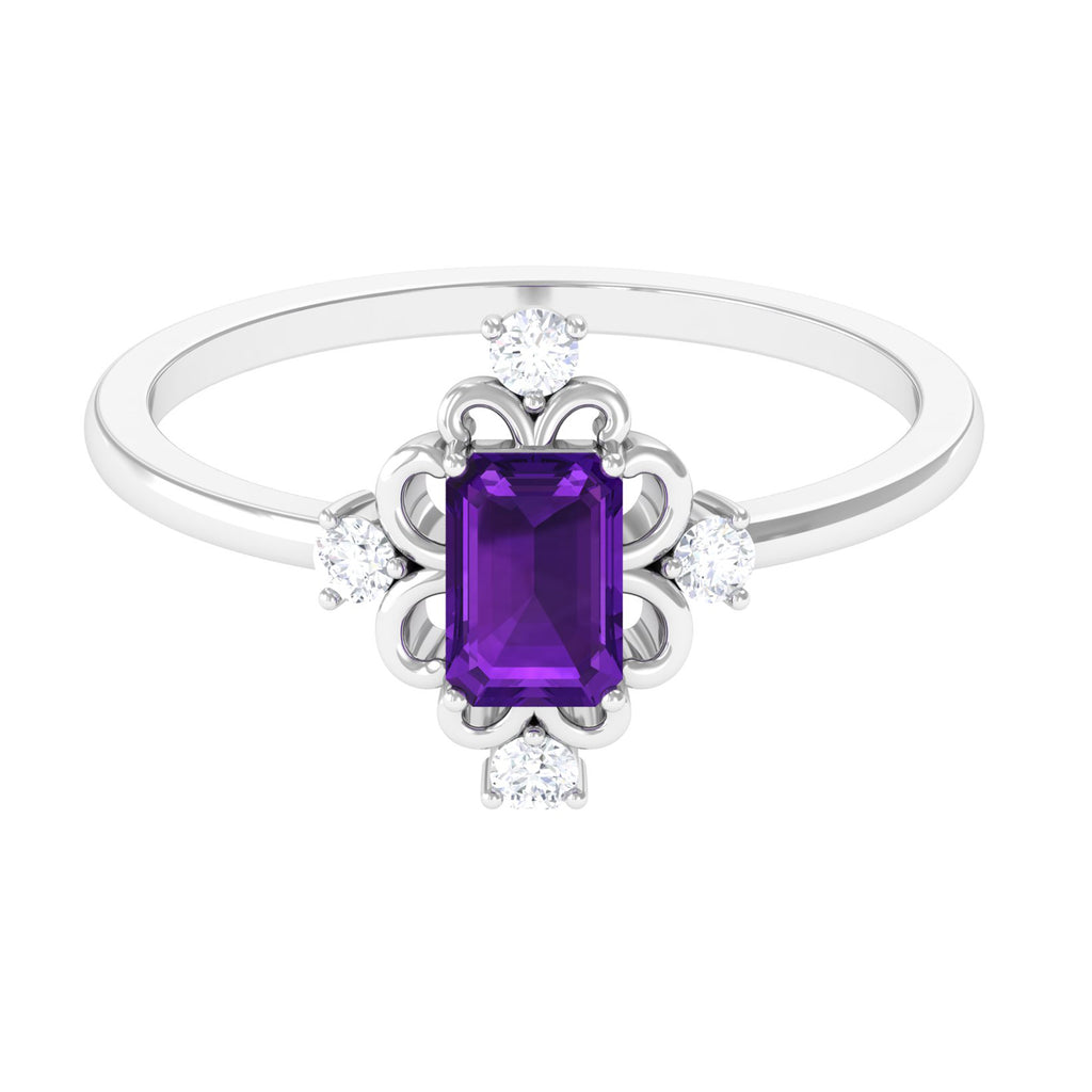 Vintage Inspired Amethyst Solitaire Ring with Diamond Amethyst - ( AAA ) - Quality - Rosec Jewels