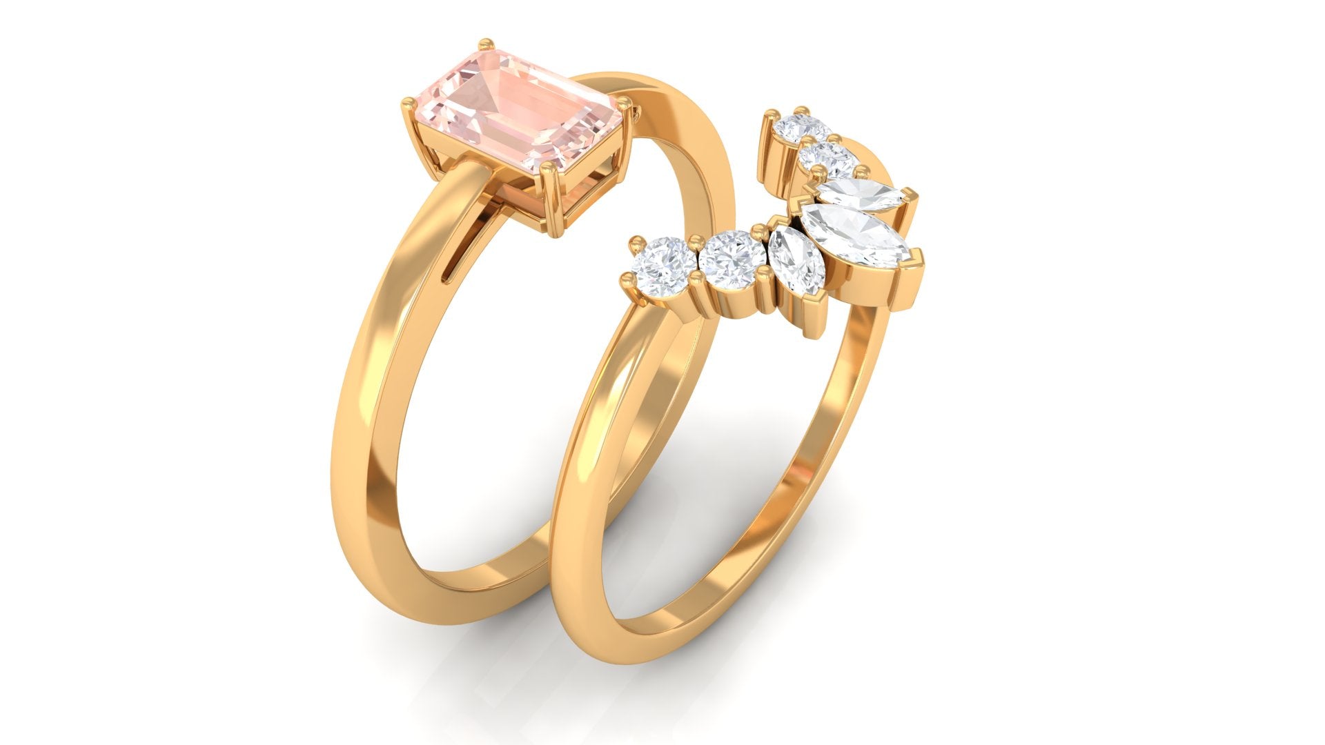 Emerald Cut Morganite Wedding Ring Set with Diamond Morganite - ( AAA ) - Quality - Rosec Jewels