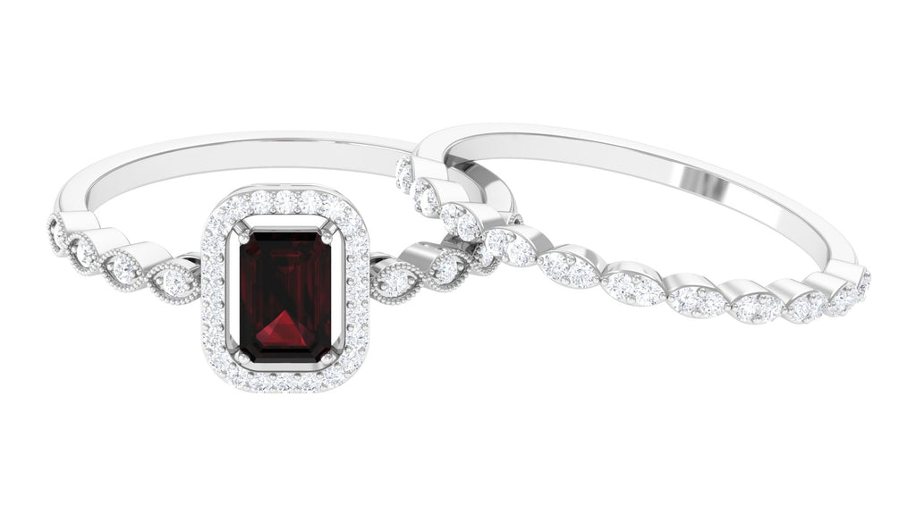 Octagon Cut Garnet and Diamond Designer Ring Set Garnet - ( AAA ) - Quality - Rosec Jewels