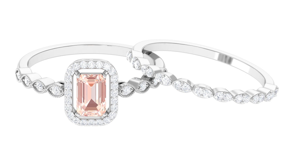 Emerald Cut Morganite and Diamond Designer Ring Set Morganite - ( AAA ) - Quality - Rosec Jewels