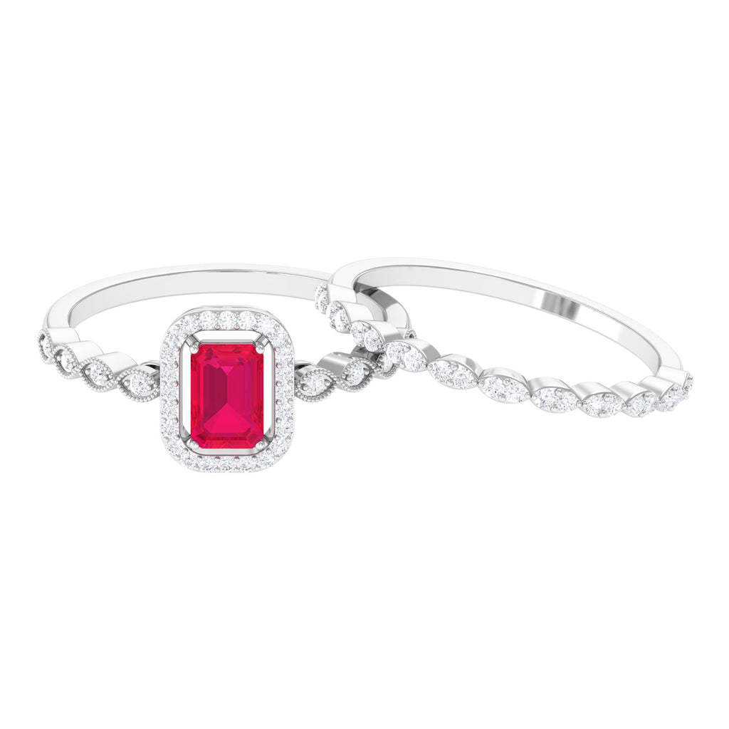 Octagon Cut Ruby and Diamond Designer Ring Set Ruby - ( AAA ) - Quality - Rosec Jewels
