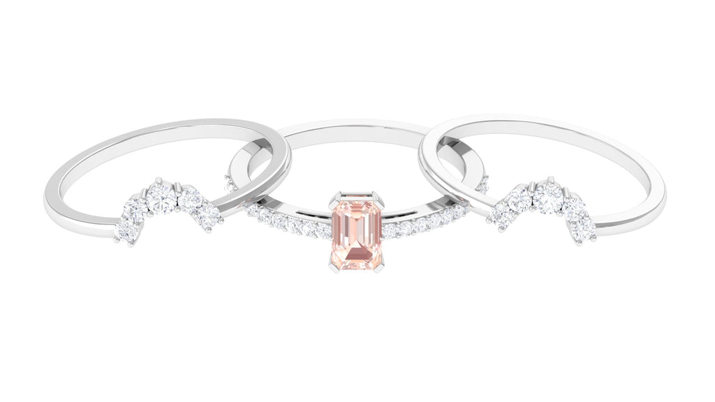 Real Morganite Solitaire Trio Ring Set with Diamond Morganite - ( AAA ) - Quality - Rosec Jewels